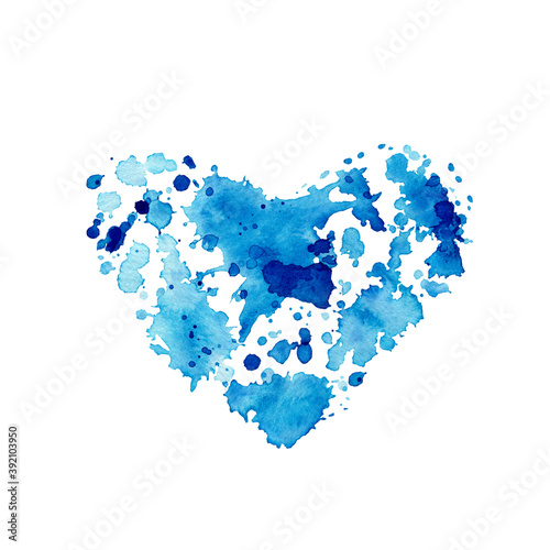 Watercolor abstract blue stain with splashes in shape of the heart. Bright texture colorful element for abstract background.