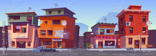 Poor dirty houses in ghetto area. Vector cartoon cityscape with slum buildings, shacks in cheap neighborhood. Shantytown street with old houses, broken car and trash