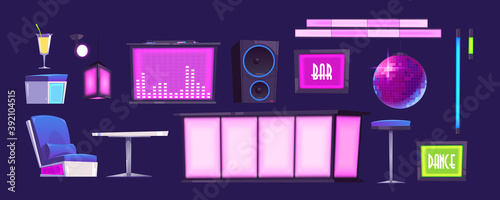 Bar or night club furniture and stuff set. Stage, cocktail, counter desk, table, armchair, high stool and dynamics, glowing lamps, stroboscope. Interior design elements. Cartoon vector isolated icons