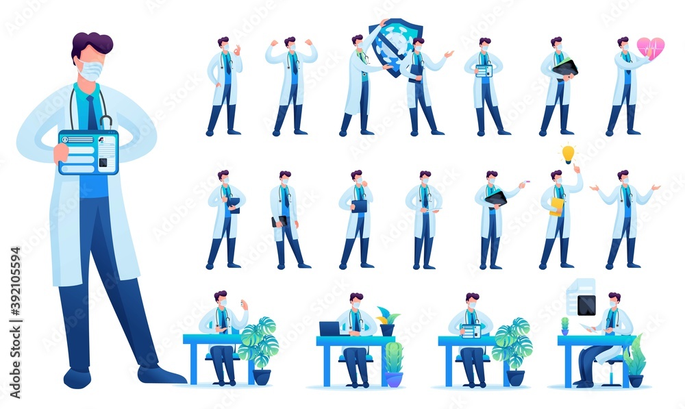 Set of Man doctor. Presentation in various in various poses and actions. 2D Flat character vector illustration N2