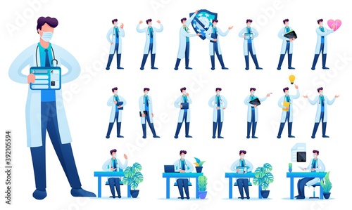 Set of Man doctor. Presentation in various in various poses and actions. 2D Flat character vector illustration N2