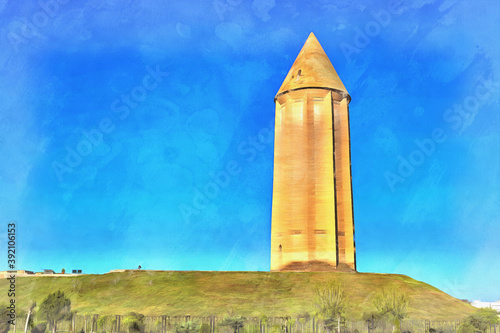 Tower tomb colorful painting, Golestan Province, Iran.
