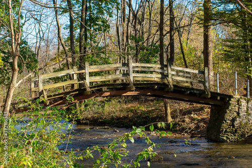 Fotografering A Wooden Bridge Going Over a Small Stream on a Clear Autumn Day