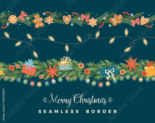 Christmas and Happy New Year seamless borders. Garlands, needles, light bulbs, New Year symbols. Vector design.