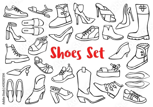 Hand drawn doodle shoes, pumps, boots, sneakers isolated on white background