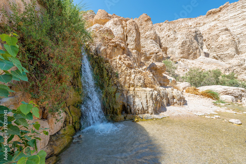 'En Gedi, Israel - Visitors come to the En Gedi National Park Nature Reserve to hike and explore the desert oasis located near the Dead Sea in Israel. 