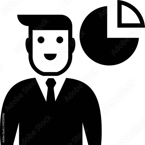 
Businessman with pie chart, business analyst icon.

