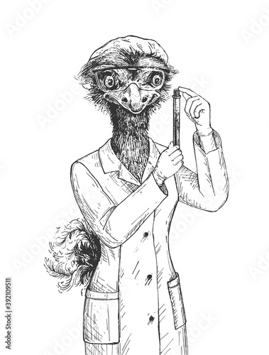 Ostrich scientist engraved portrait