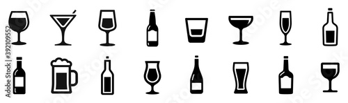 Drink icons set. Drinks glasses and bottles. Vector