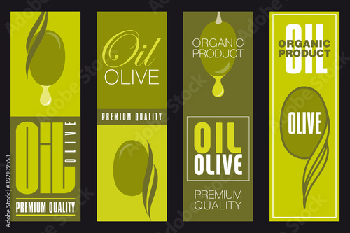 Série de 4 étiquettes moderne pour de l’huile d’olive avec différentes recherche typographique et des nuances de couleurs vert olive et vert acide.