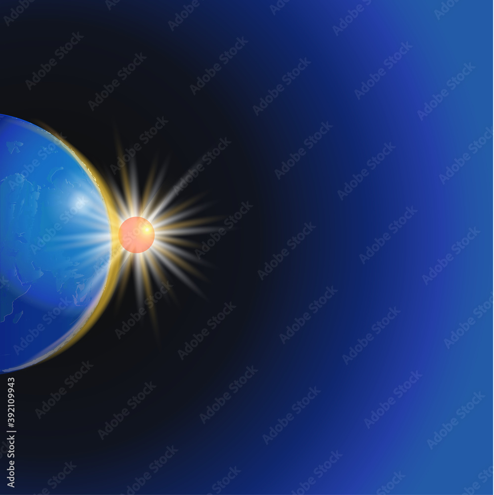 Obraz premium World map shiny sun copy space blue background