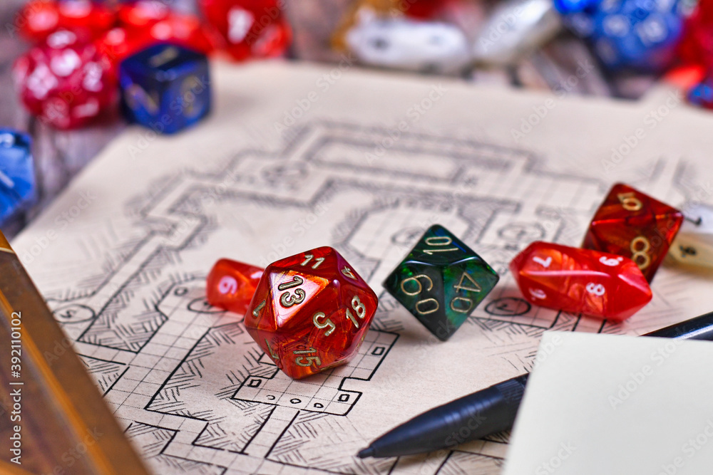 Rpg Dice Loop Colorful tabletop role playing RPG game dices on blurry hand drawn ...