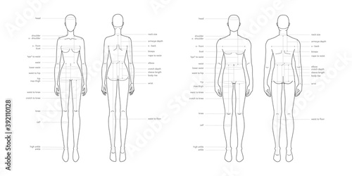 Men and women body parts terminology measurements Illustration for clothes and accessories production fashion 9 head male and female size chart. Human body infographic template