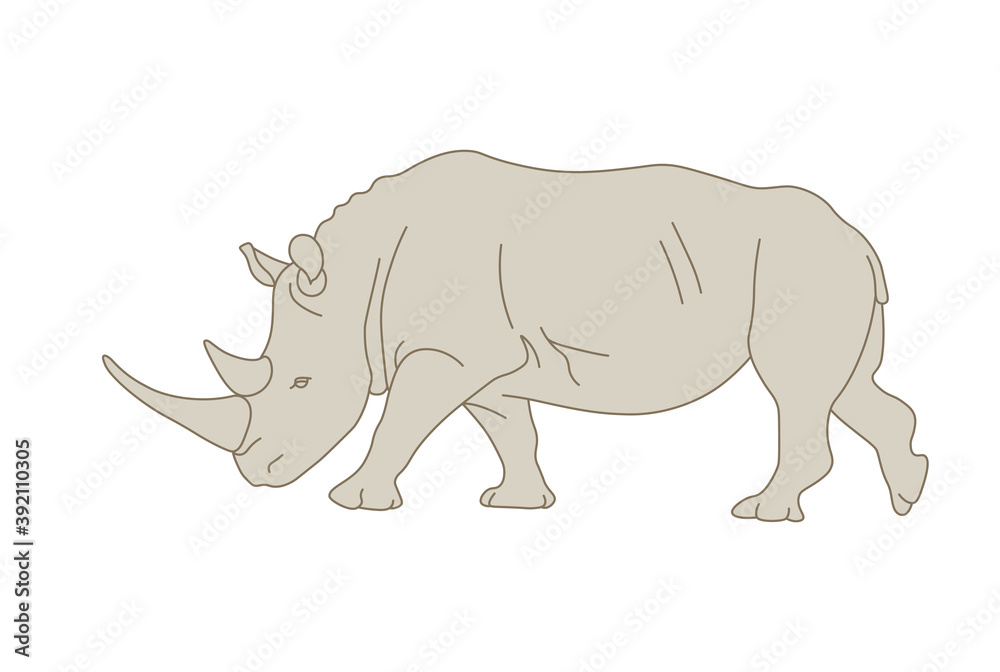 Obraz premium Isolated white rhinoceros in flat style on white background. Silhouette of a standing rhinoceros. Side view. Rare kind of rhinoceros that dies out. Simple icon or logo design. Vector illustration.
