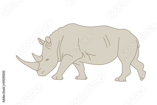 Isolated white rhinoceros in flat style on white background. Silhouette of a standing rhinoceros. Side view. Rare kind of rhinoceros that dies out. Simple icon or logo design. Vector illustration.