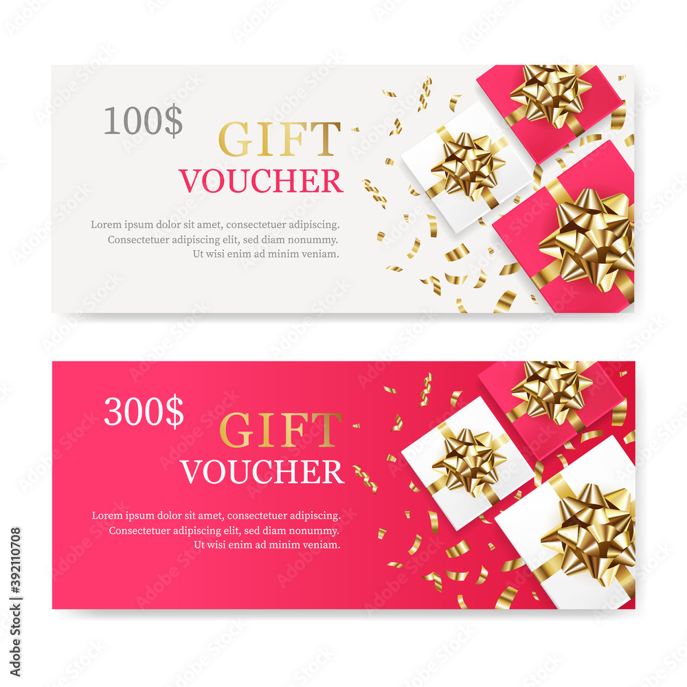 Gift Vouchers with red and white boxes, golden bow and confetti. Design template coupon, invitation, certificate, flyer, ticket. Vector illustration. Gift Vouchers with red and white boxes, golden bow and confetti. Design template coupon, invitation, certificate, flyer, ticket. Vector illustration.