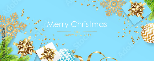 Merry Christmas and Happy New Year banner with white and blue gift boxes, golden glitter snowflakes, balls and confetti on blue background. Vector ilustration.