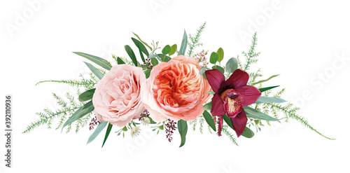 Vector floral bouquet design: blush peach, coral Juliette rose, dusty pink flower, white astrantia & burgundy red orchid, Eucalyptus greenery branches, leaves, tender fern vine. Wedding invite element