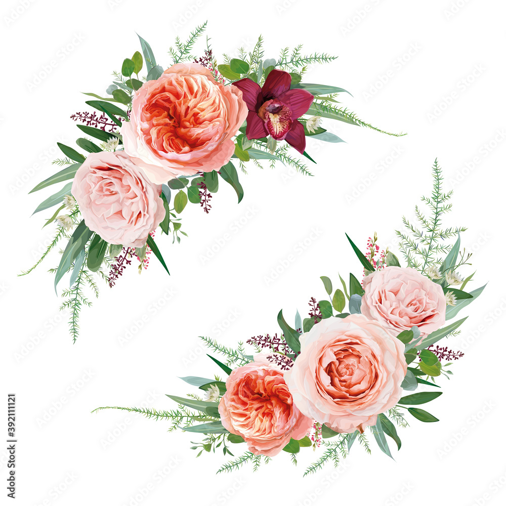 Elegant vector floral bouquet set. Pale coral Juliette rose, dusty pink  flowers, white astrantia, burgundy red orchid, Eucalyptus greenery  branches, seeds, leaves, tender fern vine vector illustration Stock Vector  | Adobe Stock