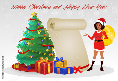 Christmas Santa Girl Character with Christmas Gifts, Christmas tree and explainer animation poses. Character set with poses