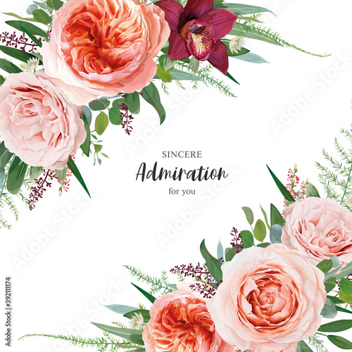 Vector beautiful floral wedding invite, greeting card design. Blush peach, pale coral, dusty pink garden Rose, orchid, heather and eucalyptus greenery leaves bouquet. Stylish editable watercolor frame