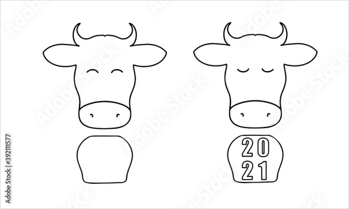 Ox head linear icon with bell in two versions: happy face and sad one. Vector doodle cow character. Logo or poster concept. 2021 Year of white ox zodiac sign. Hand drawn illustration isolated on white