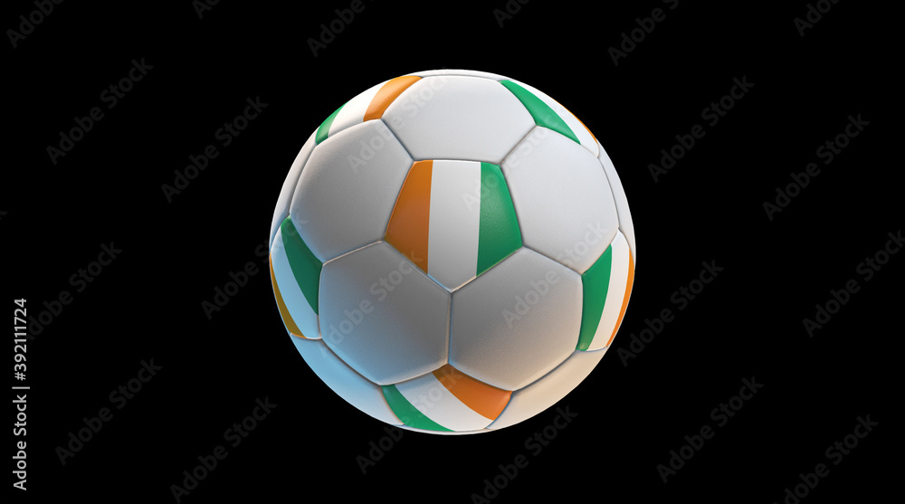 Soccer ball with the flag of Ivory Coast on black background. 3D Rendering Soccer ball with the flag of Ivory Coast on black background. 3D Rendering