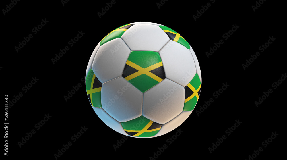 Soccer ball with the flag of Jamaica on black background. 3D Rendering