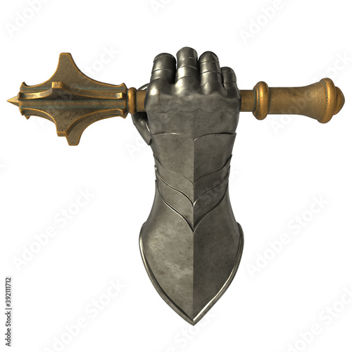 Medieval armor, metal mace in hand. Iron fist .Symbol of knights. 3D rendering