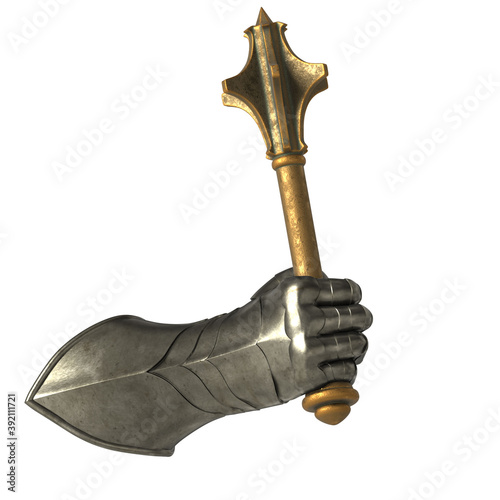 Medieval armor, metal mace in hand. Iron fist .Symbol of knights. 3D rendering