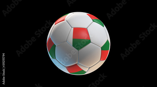 Soccer ball with the flag of Madagascar on black background. 3D Rendering