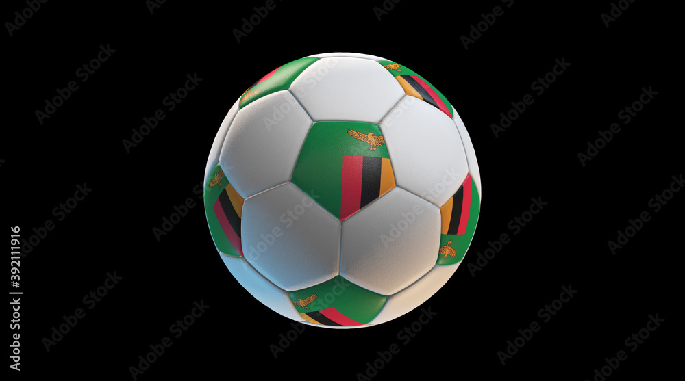 Soccer ball with the flag of Zambia on black background. 3D Rendering