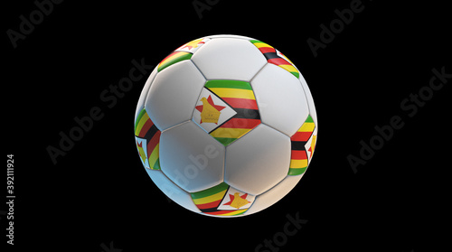 Soccer ball with the flag of Zimbabwe on black background. 3D Rendering
