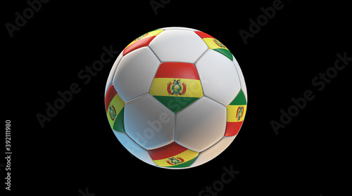Soccer ball with the flag of Bolivia on black background. 3D Rendering