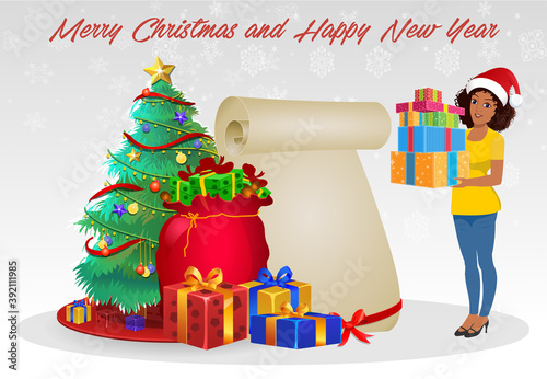 Christmas Santa Girl Character with Christmas Gifts, Christmas tree and explainer animation poses. Character set with poses