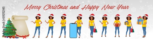 Christmas Santa Girl Character with Christmas Gifts, Christmas tree and explainer animation poses. Character set with poses
