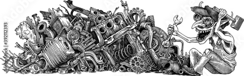 Black and white vector illustration of larky gremlin at work