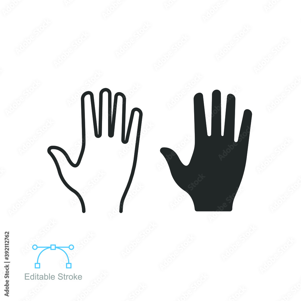 Human hand line and glyph icon. High five. Five fingers gesture. hand raised. Hi Five. Prohibition, warning, stop symbol. Abstract. Editable stroke Vector illustration Design on white background EPS10 Human hand line and glyph icon. High five. Five fingers gesture. hand raised. Hi Five. Prohibition, warning, stop symbol. Abstract. Editable stroke Vector illustration Design on white background EPS10