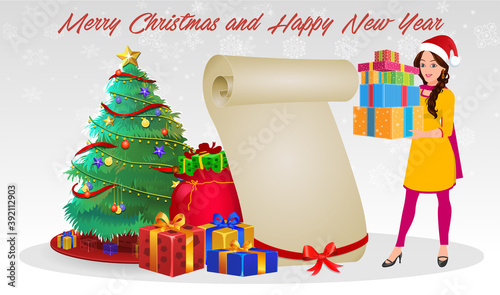 Christmas Santa Girl Character with Christmas Gifts, Christmas tree and explainer animation poses. Character set with poses, Indian Girl with traditional dress.