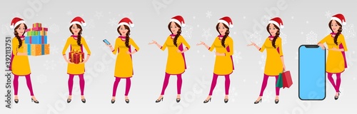 Christmas Santa Girl Character with Christmas Gifts, Christmas tree and explainer animation poses. Character set with poses, Indian Girl with traditional dress.