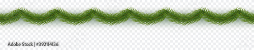 Border with green fir branches isolated on transparent background. Pine, xmas evergreen plant seamless banner. Vector Christmas tree garland decoration