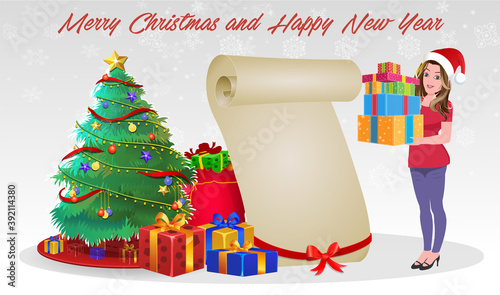 Christmas Santa Girl Character with Christmas Gifts, Christmas tree and explainer animation poses. Character set with poses