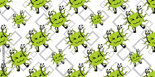 Seamless pattern of Cute cartoon germ in flat style design isolated on rectangle stroke background. Bacteriology concept design. Cartoon microbes. Vector illustration eps10.