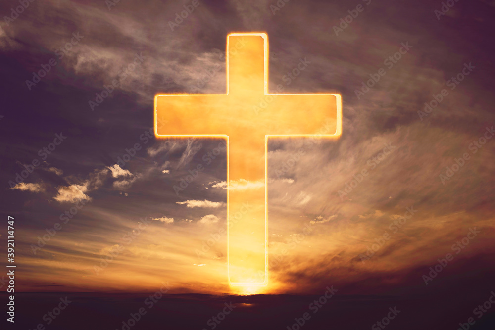 Silhouette of shining cross on sunset, sunrise background. Banner. Copy space. Easter, Ascension day concept. Church worship. Faith symbol. Gate to heaven. Eternal life of soul. Christianity gospel