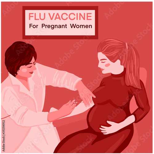 Female Doctor Injecting Flu Vaccine For Pregnant Woman, Influenza, Injection, Vaccination, Immunity, Protection, Prevention, Healthy. can be beneficial for outdoor posters and banners