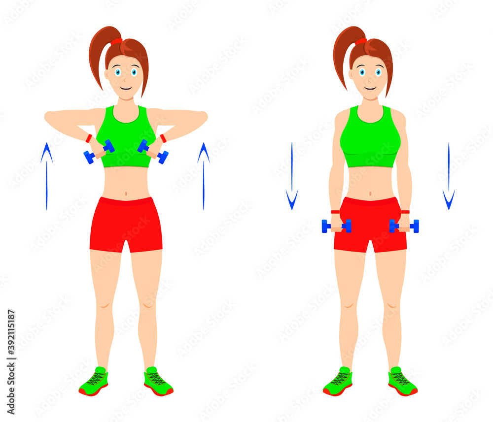 Exercise at home. Young curvy girl doing exercises with dumbbells for arm muscles. Exercise at home. Young curvy girl doing exercises with dumbbells for arm muscles.