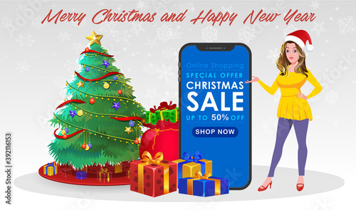 Christmas Santa Girl Character with Christmas Gifts, Christmas tree and explainer animation poses. Character set with poses, Girl with mobile showing online sale offer.