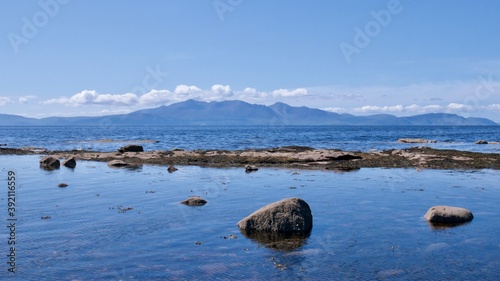 Scenic view of the mountainous island of Arran over the sea
