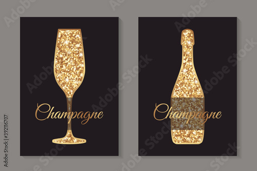 Modern abstract luxury card templates for champagne tasting invitation or bar and restaurant menu or banner or logo with  golden glitter glass and bottle on a black background.