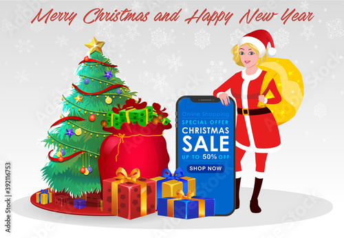 Christmas Santa Girl Character with Christmas Gifts, Christmas tree and explainer animation poses. Character set with poses, Girl with mobile showing online sale offer.